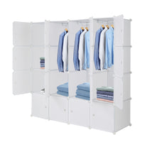 4-layer 16 Cube Organizer Stackable Plastic Cube Storage, Plastic + Steel Wire with 3 Clothes Rails, Free to Assemble, White