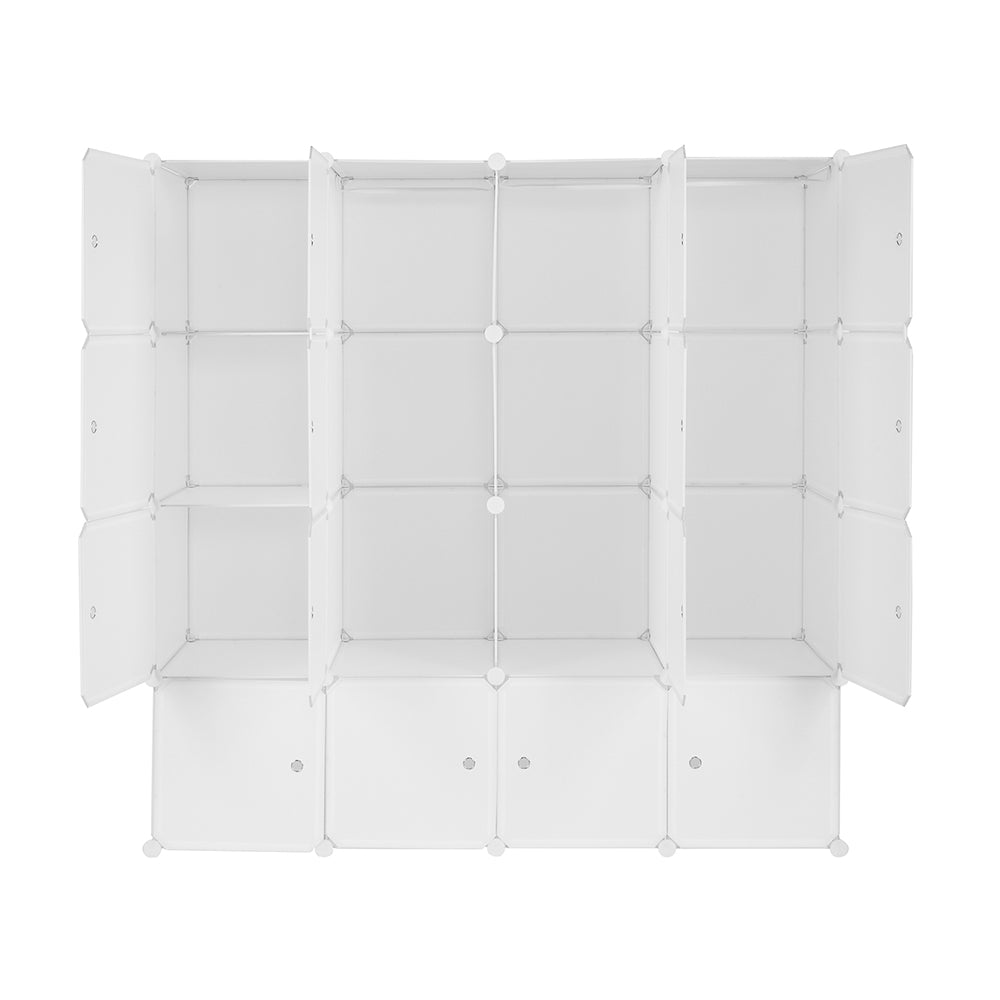 4-layer 16 Cube Organizer Stackable Plastic Cube Storage, Plastic + Steel Wire with 3 Clothes Rails, Free to Assemble, White