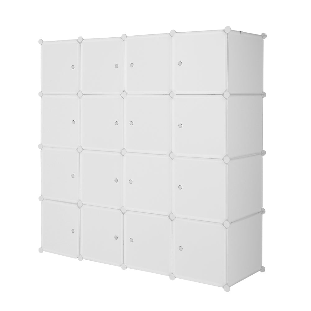 4-layer 16 Cube Organizer Stackable Plastic Cube Storage, Plastic + Steel Wire with 3 Clothes Rails, Free to Assemble, White