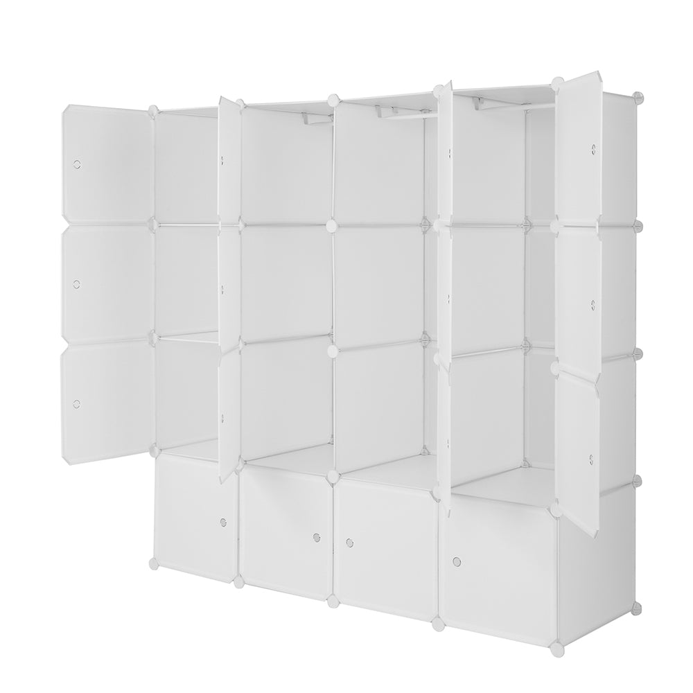 4-layer 16 Cube Organizer Stackable Plastic Cube Storage, Plastic + Steel Wire with 3 Clothes Rails, Free to Assemble, White