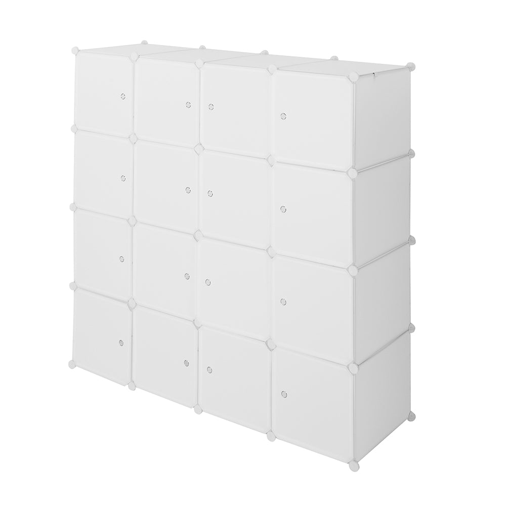 4-layer 16 Cube Organizer Stackable Plastic Cube Storage, Plastic + Steel Wire with 3 Clothes Rails, Free to Assemble, White