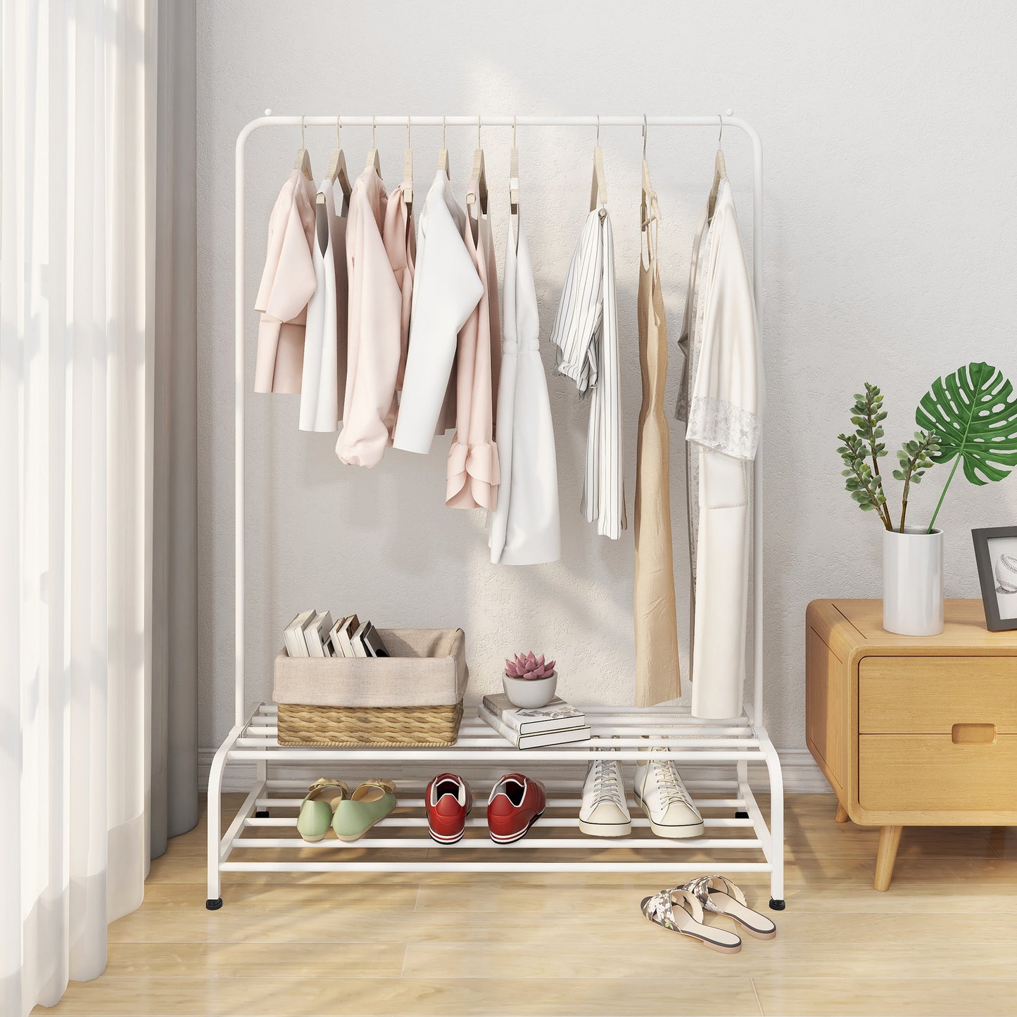 Clothing Garment Rack with Shelves, Metal Cloth Hanger Rack Stand Clothes Drying Rack for Hanging Clothes