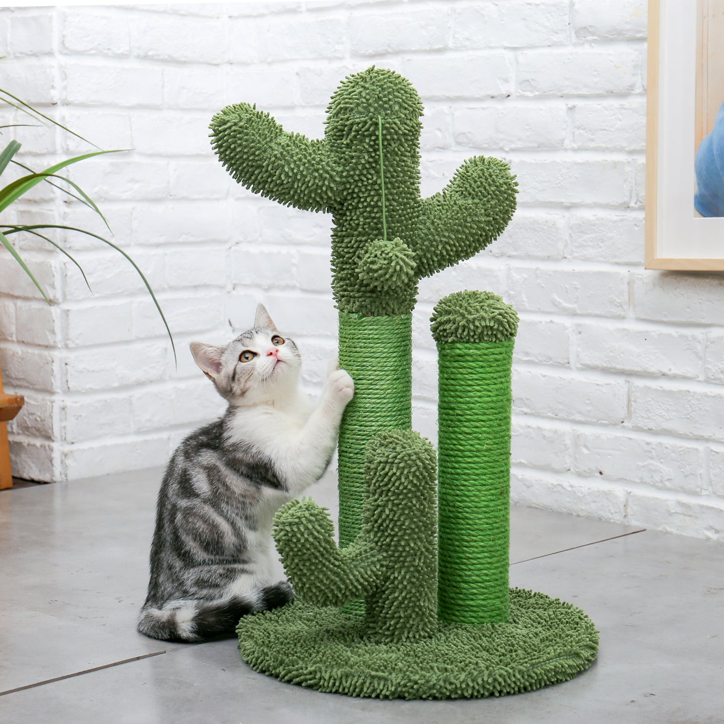 Cat Scratching Post Cactus Cat Scratcher Featuring with 3 Scratching Poles and Interactive Dangling Ball