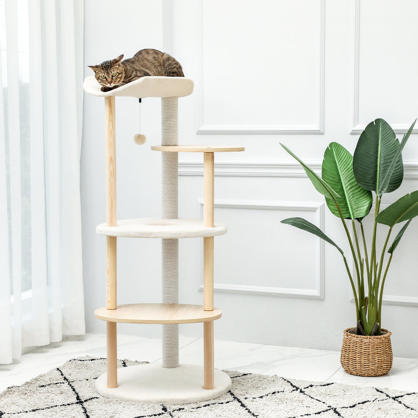 Multi-Level Cat Tree Modern Cat Tower Wooden Activity Center with Scratching Posts Beige (Minimum Retail Price for US: USD 119.99)