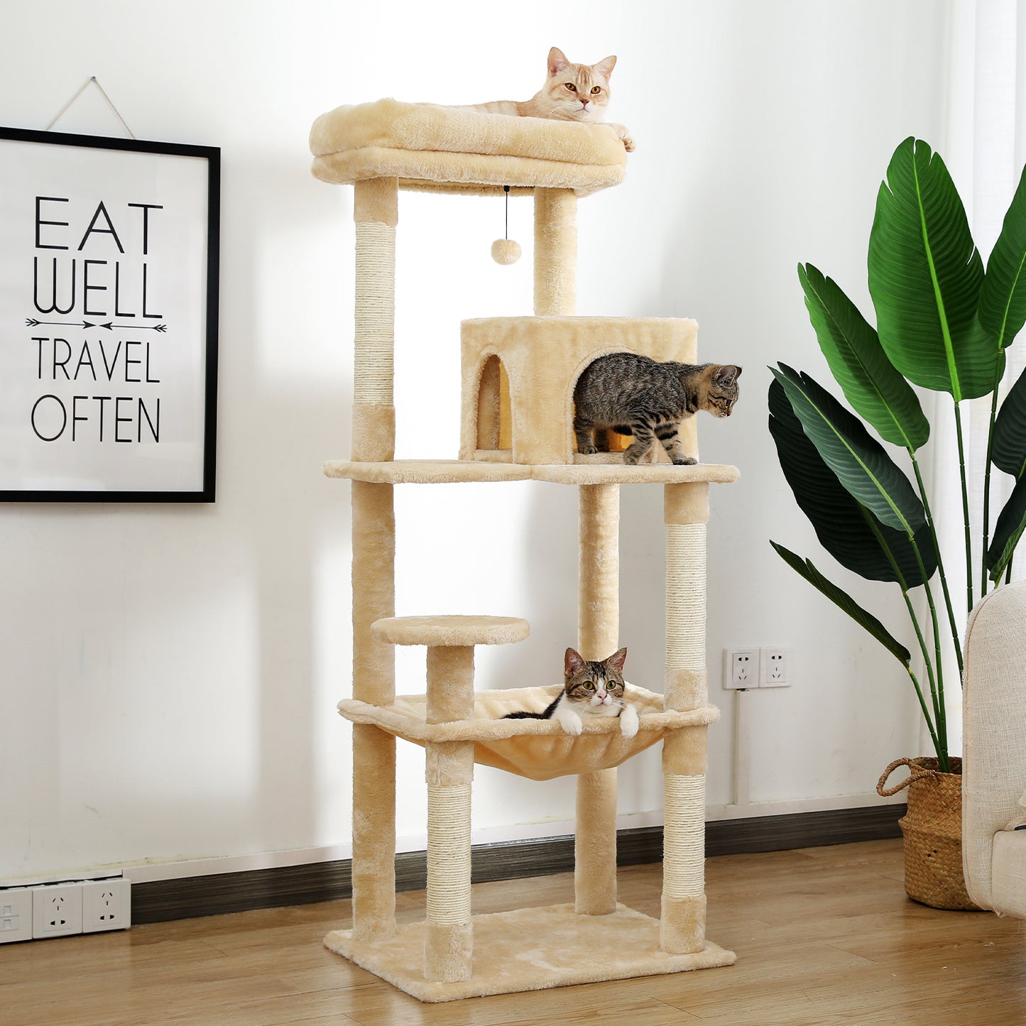 Luxury Cat Tree Cat Tower with Sisal Scratching Post, Cozy Condo, Top Perch, Hammock and Dangling Ball Beige (Minimum Retail Price for US: USD 99.99)