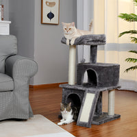 Modern Small Cat Tree Cat Tower With Double Condos Spacious Perch Sisal Scratching Posts，Climbing Ladder and Replaceable Dangling Balls Grey (Minimum Retail Price for US: USD 79.99)