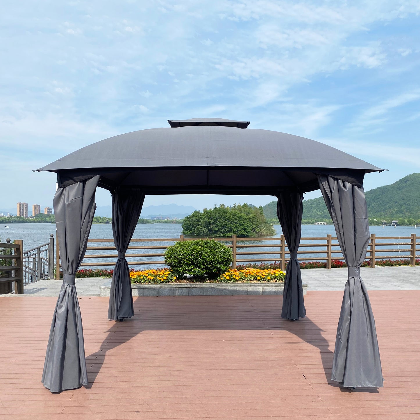 10 x 10 Ft Outdoor Patio Garden Gazebo Canopy With Curtains,Grey Top