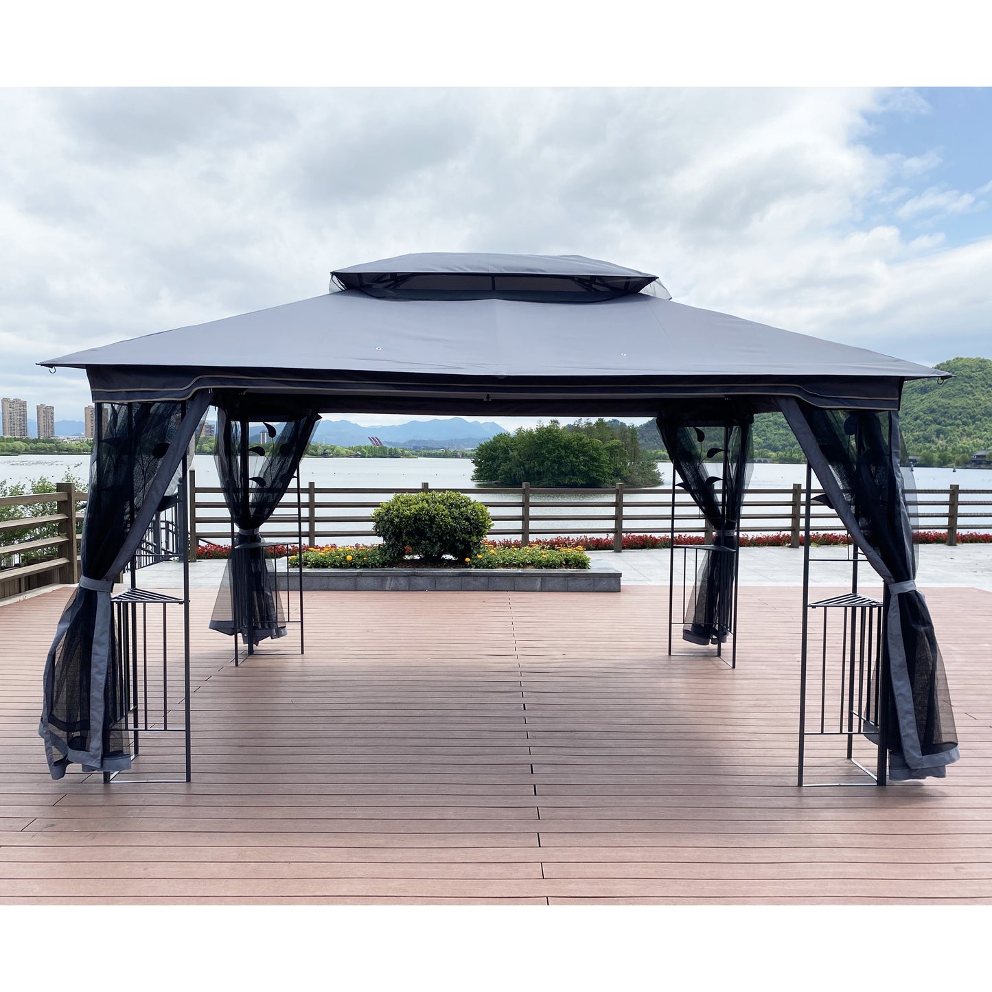 13x10 Outdoor Patio Gazebo Canopy Tent With Ventilated Double Roof And Mosquito net,Gray Top