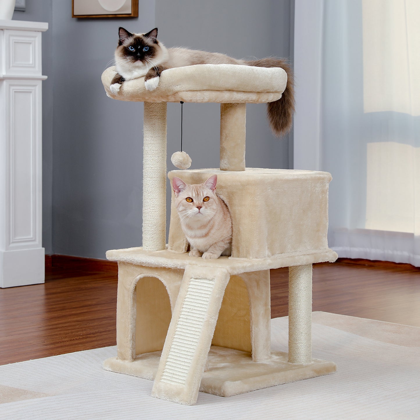 Modern Small Cat Tree Cat Tower With Double Condos Spacious Perch Sisal Scratching Posts，Climbing Ladder and Replaceable Dangling Balls Beige (Minimum Retail Price for US: USD 79.99)