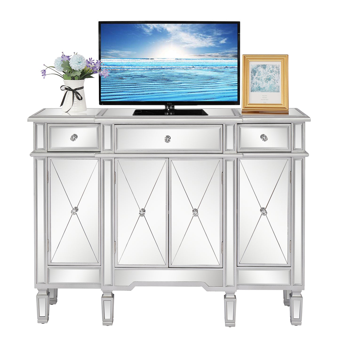 [FCH] Mirrored Finish Glass TV STAND with 3-Drawers 4 X Shape Doors Cabinet for Living Room