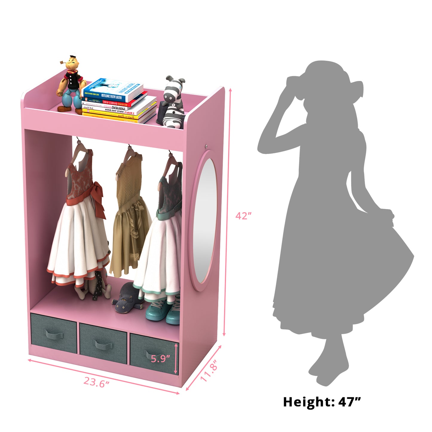 Kids Costume Organizer、 Costume Rack、Kids Armoire、Open Hanging Armoire Closet with Mirror-PINK