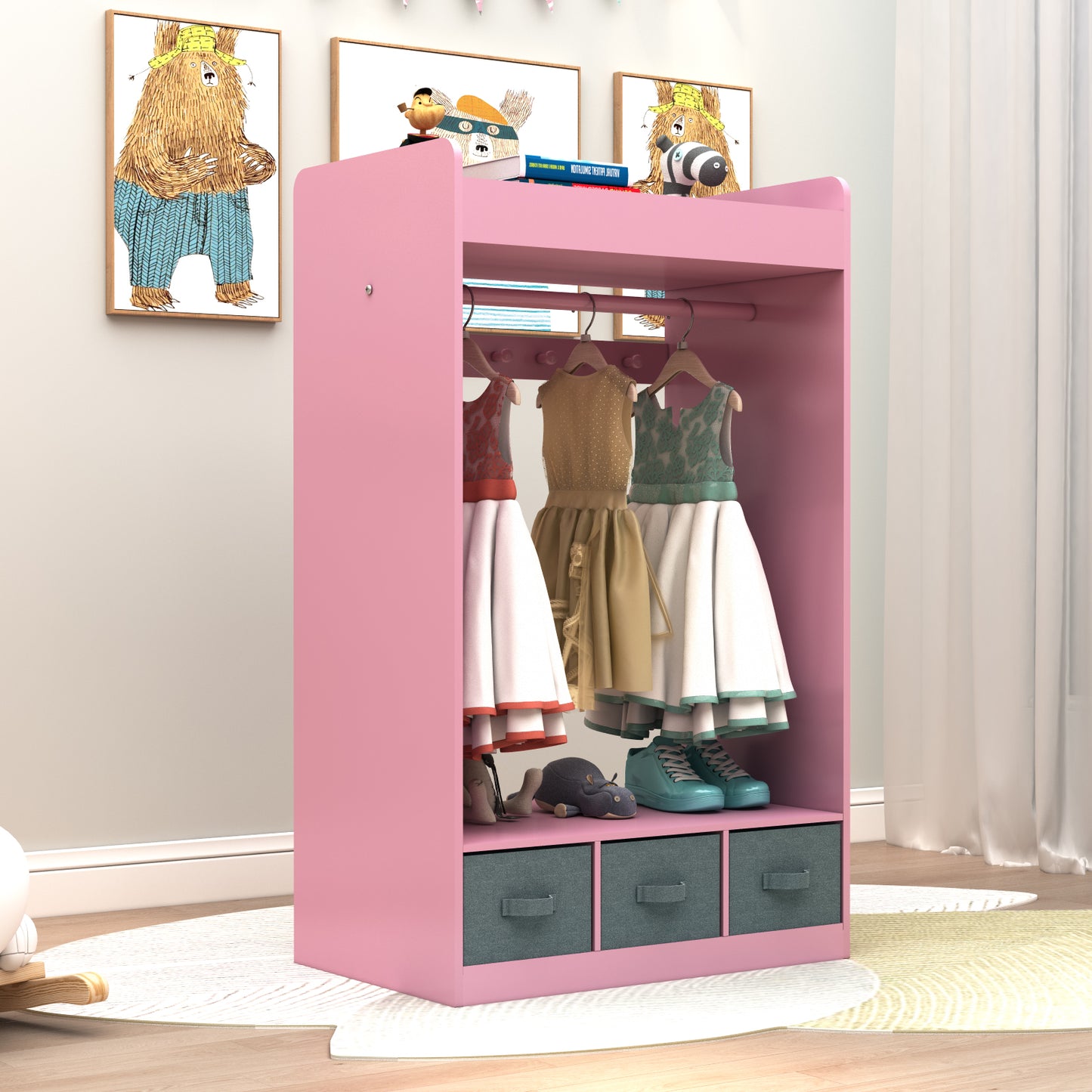 Kids Costume Organizer、 Costume Rack、Kids Armoire、Open Hanging Armoire Closet with Mirror-PINK