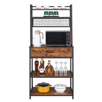 5-Tier Kitchen Bakers Rack with 10 S-Shaped Hooks and 1 drawer , Industrial Microwave Oven Stand, Free Standing Kitchen Utility Cart Storage Shelf Organizer (Rustic Brown)