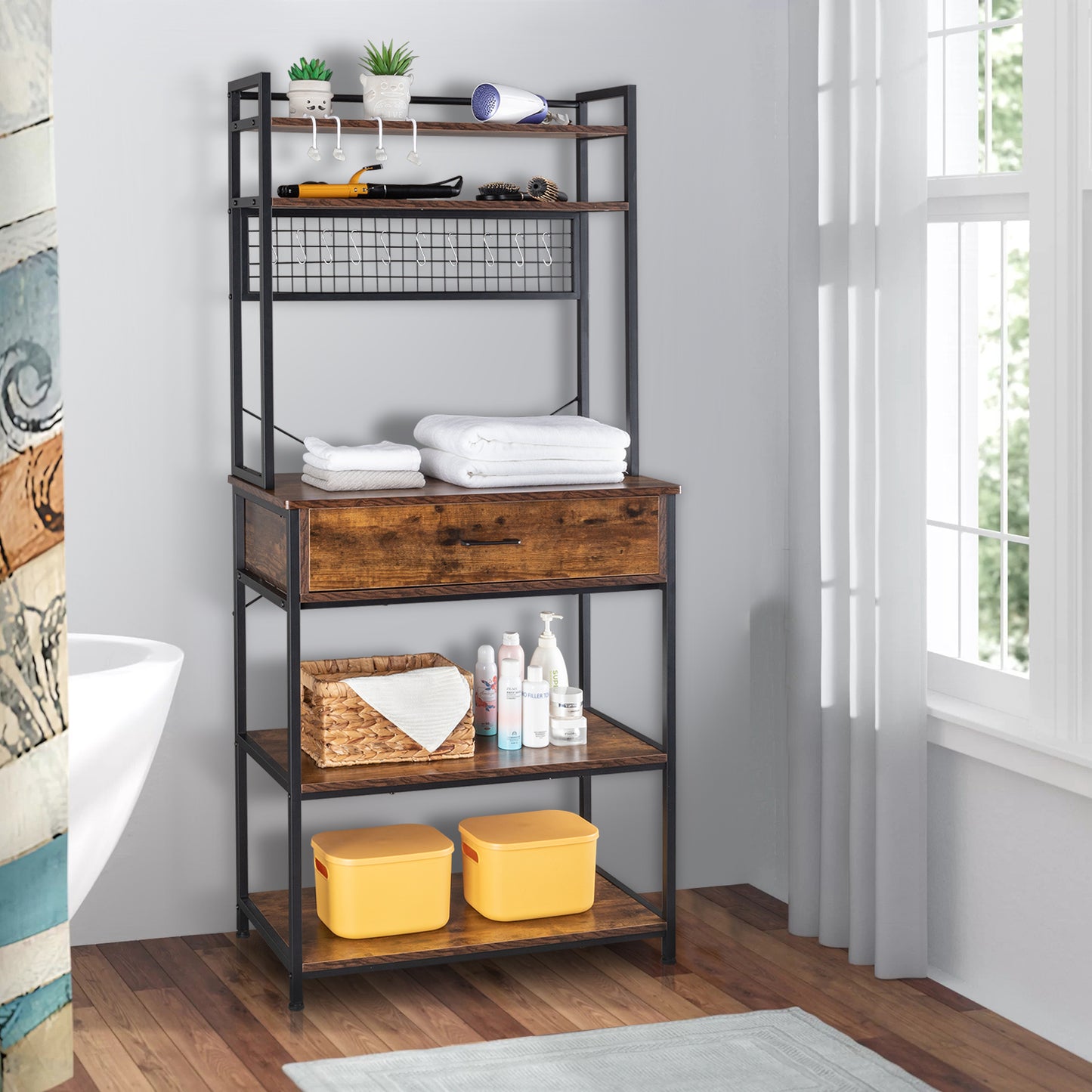 5-Tier Kitchen Bakers Rack with 10 S-Shaped Hooks and 1 drawer , Industrial Microwave Oven Stand, Free Standing Kitchen Utility Cart Storage Shelf Organizer (Rustic Brown)