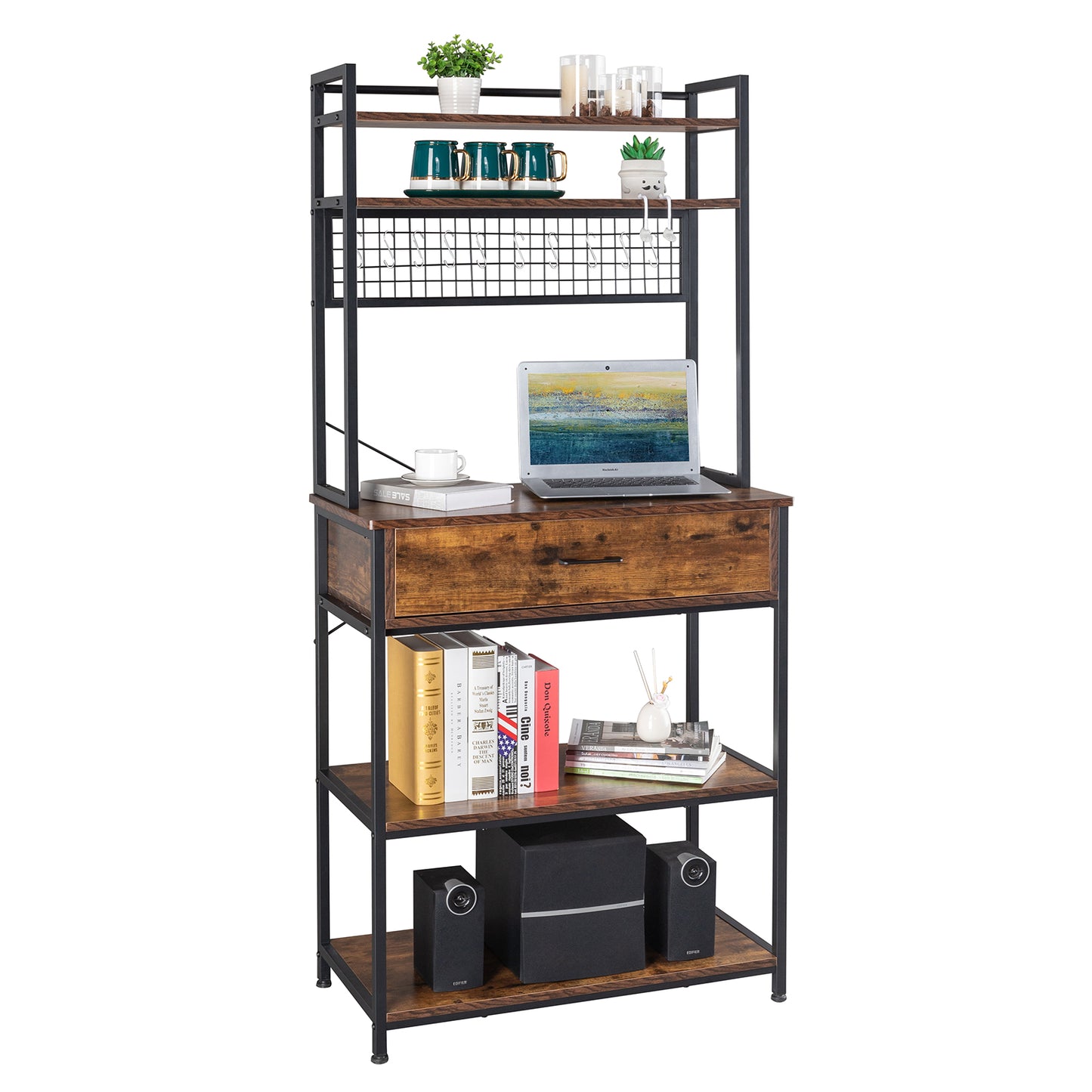 5-Tier Kitchen Bakers Rack with 10 S-Shaped Hooks and 1 drawer , Industrial Microwave Oven Stand, Free Standing Kitchen Utility Cart Storage Shelf Organizer (Rustic Brown)