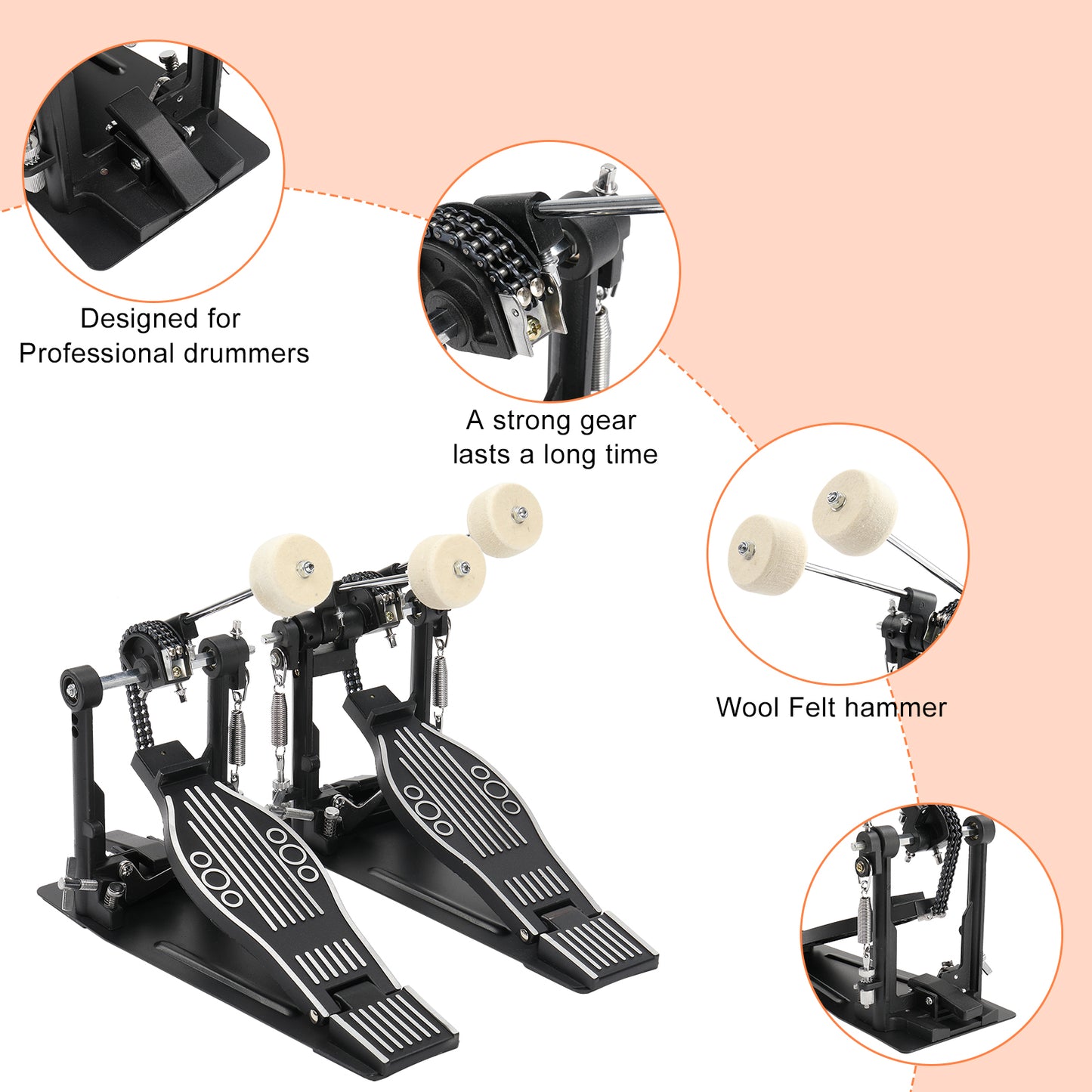 Wool Felt Hammer Double Drum Pedal Professional Double Bass Drum Pedal Black