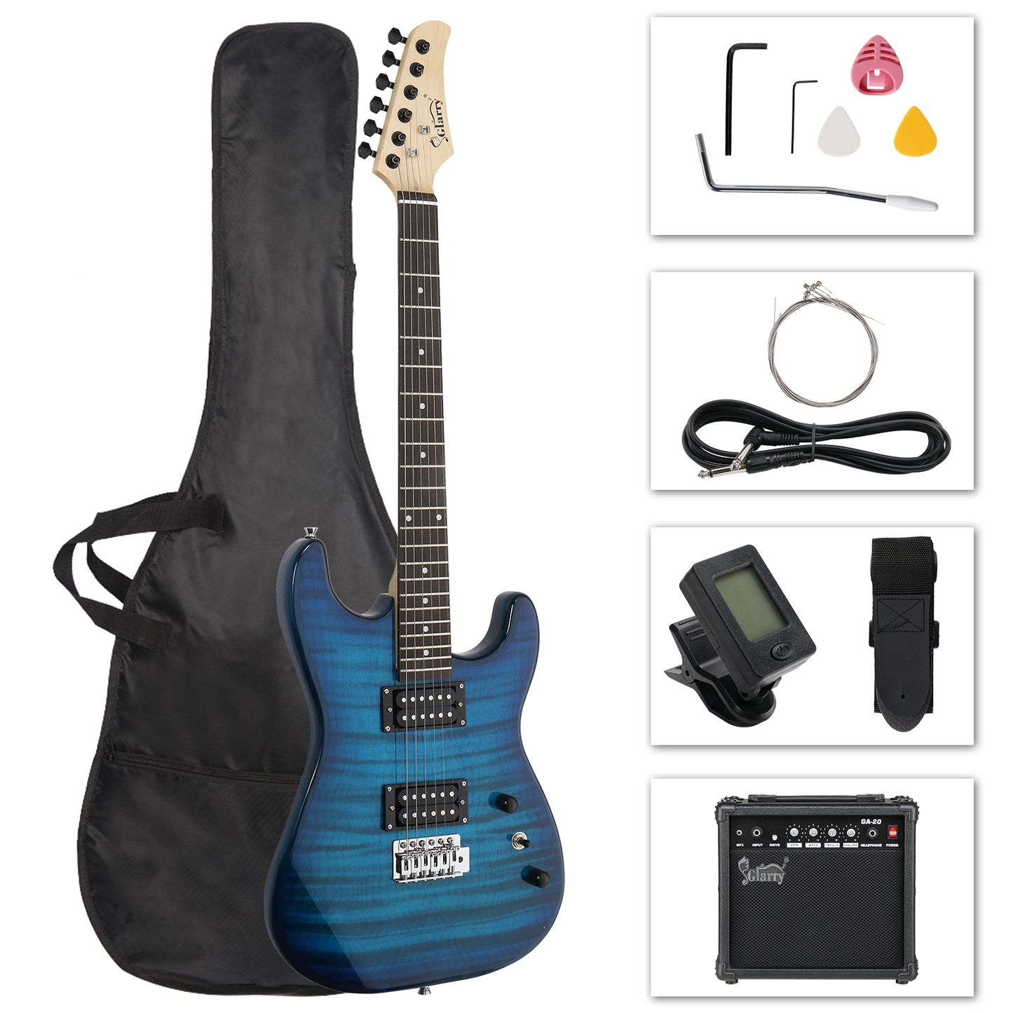 [Do Not Sell on Amazon] Glarry GST Stylish H-H Pickup Tiger Stripe Electric Guitar Kit with 20W AMP Bag Guitar Strap Blue