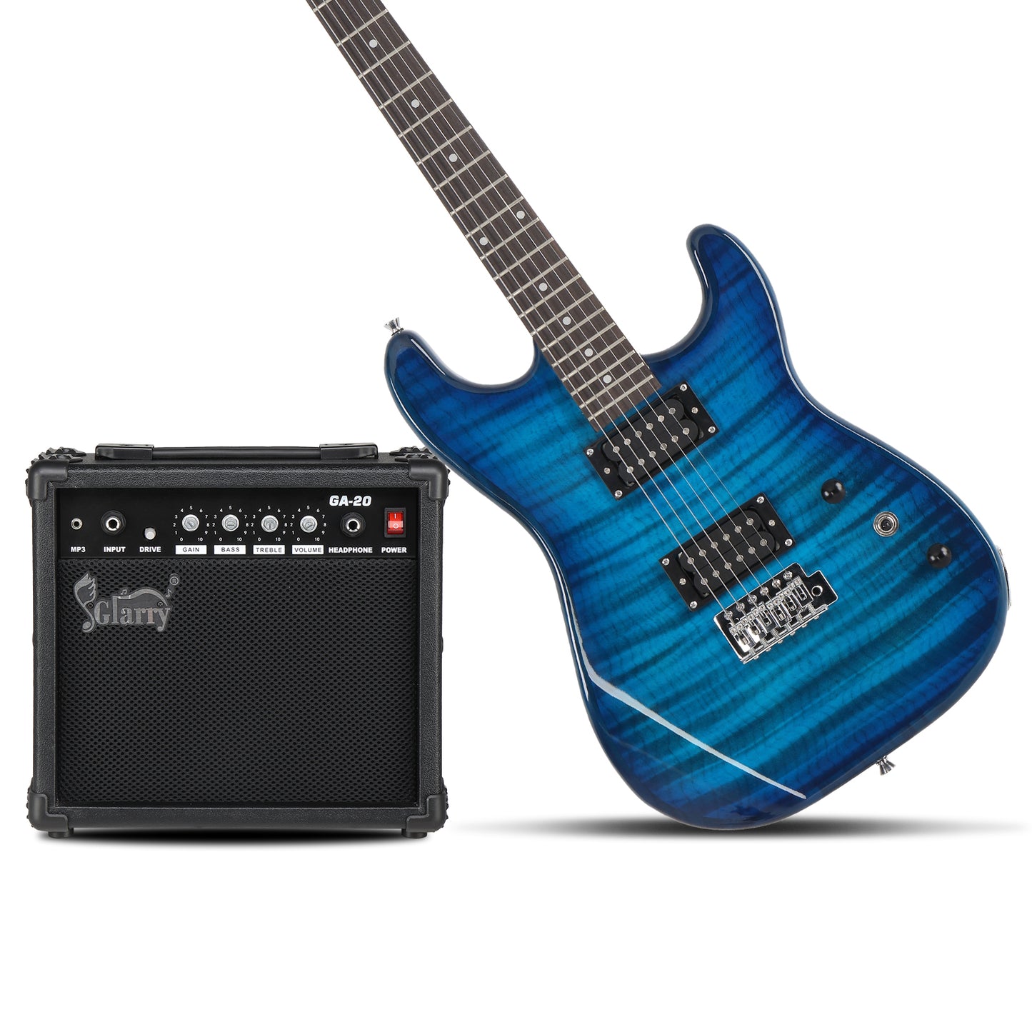 [Do Not Sell on Amazon] Glarry GST Stylish H-H Pickup Tiger Stripe Electric Guitar Kit with 20W AMP Bag Guitar Strap Blue