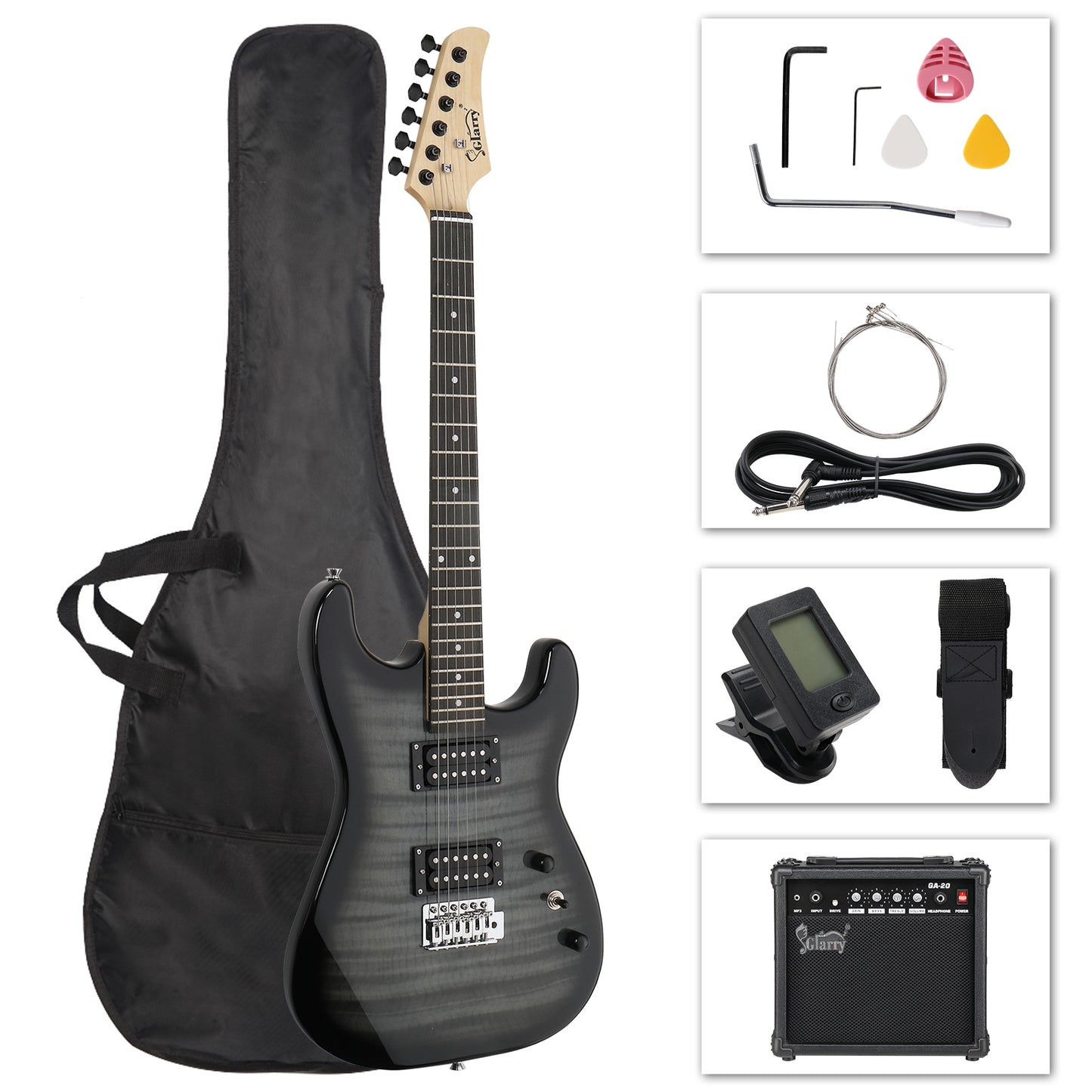 [Do Not Sell on Amazon] Glarry GST Stylish H-H Pickup Tiger Stripe Electric Guitar Kit with 20W AMP Bag Guitar Strap Black