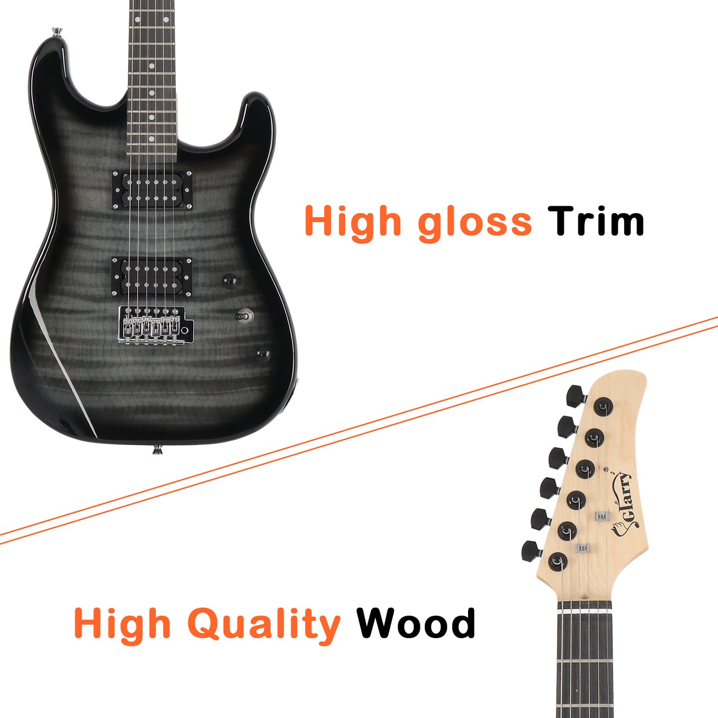 [Do Not Sell on Amazon] Glarry GST Stylish H-H Pickup Tiger Stripe Electric Guitar Kit with 20W AMP Bag Guitar Strap Black