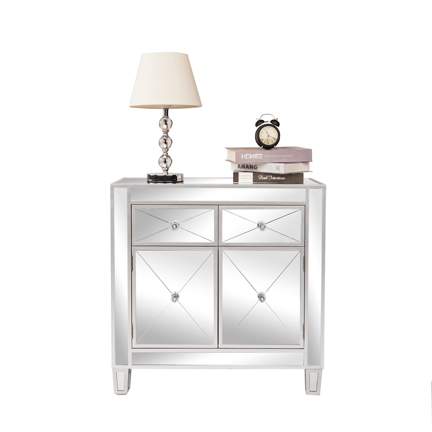 FCH 28in MDF With Mirror Surface Two Drawers Two Doors Bedside Table Silver