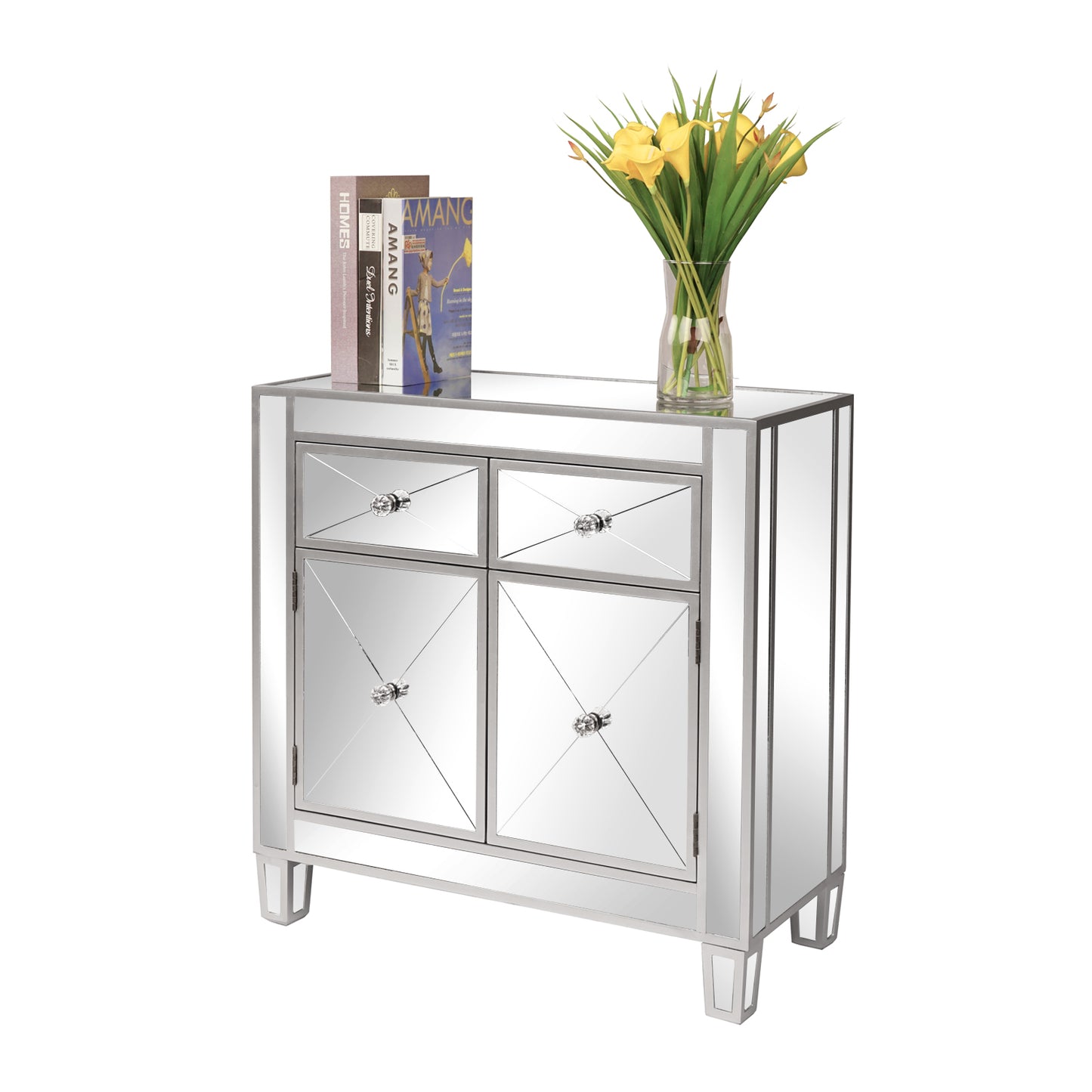 FCH 28in MDF With Mirror Surface Two Drawers Two Doors Bedside Table Silver