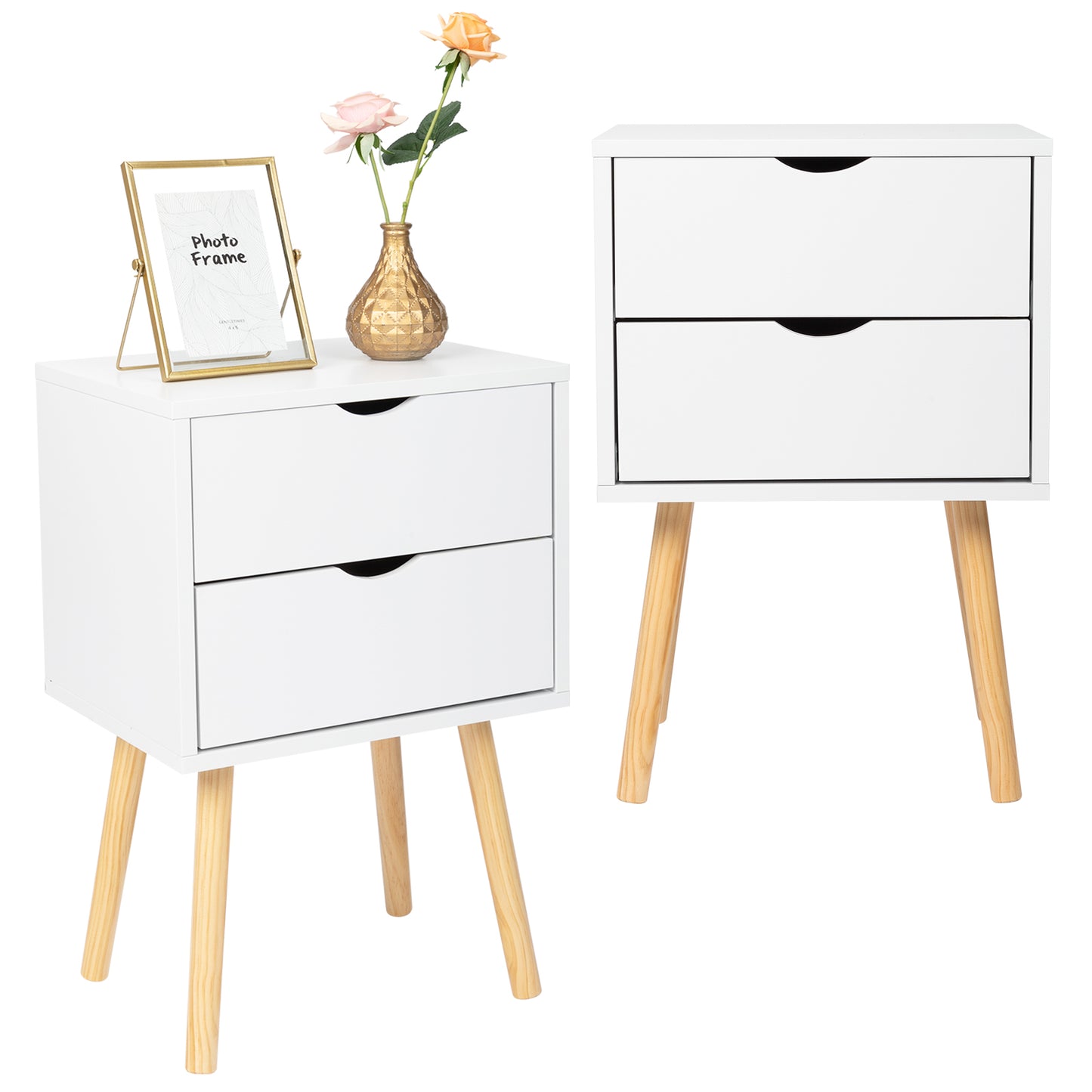 40*30*60cm Simple And Modern White Cabinet, Wood Color Legs, MDF Spray Paint, High Legs, Two Drawers, Bedside Table