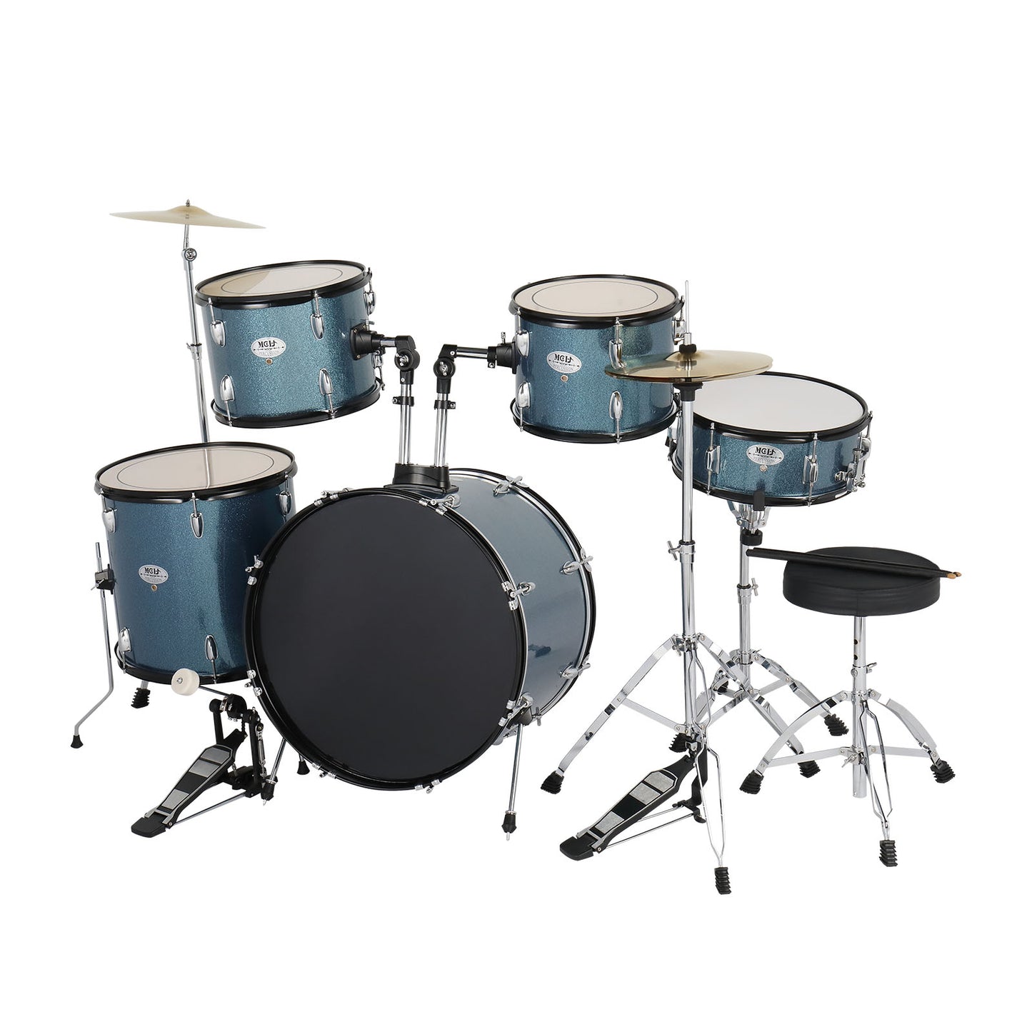 MCH Full Size Adult Drum Set 5-Piece Black with Bass Drum, two Tom Drum, Snare Drum, Floor Tom, 16" Ride Cymbal, 14" Hi-hat Cymbals, Stool, Drum Pedal, Sticks