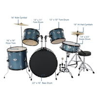 MCH Full Size Adult Drum Set 5-Piece Black with Bass Drum, two Tom Drum, Snare Drum, Floor Tom, 16" Ride Cymbal, 14" Hi-hat Cymbals, Stool, Drum Pedal, Sticks