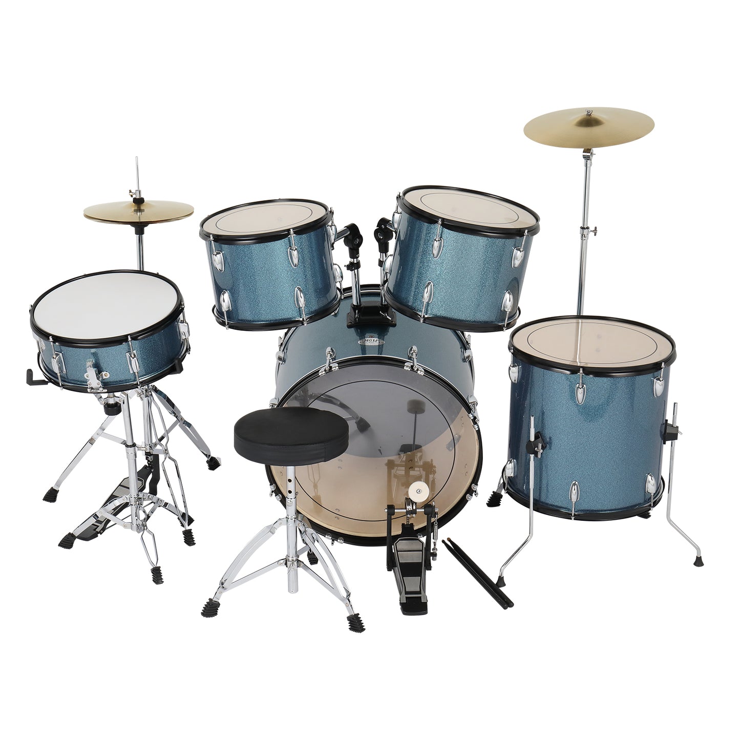 MCH Full Size Adult Drum Set 5-Piece Black with Bass Drum, two Tom Drum, Snare Drum, Floor Tom, 16" Ride Cymbal, 14" Hi-hat Cymbals, Stool, Drum Pedal, Sticks