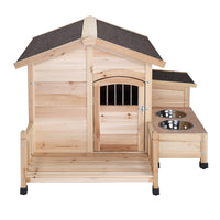 HOBBYZOO Wooden outdoor dog house Pet House shelter Cabin style，Asphalt roof waterproof，With porch, Feeding bowl, Storage box,natural