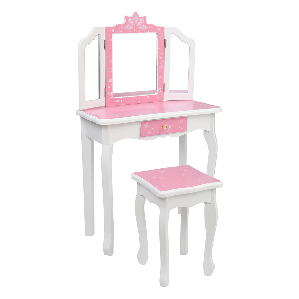 Children's Wooden Dressing Table Three-Sided Folding Mirror Dressing Table Chair Single Drawer Blue Snowflake Style