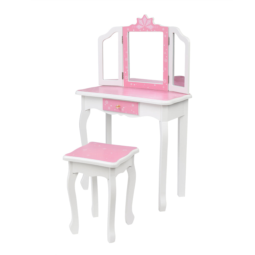 Children's Wooden Dressing Table Three-Sided Folding Mirror Dressing Table Chair Single Drawer Blue Snowflake Style