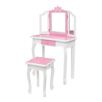 Children's Wooden Dressing Table Three-Sided Folding Mirror Dressing Table Chair Single Drawer Blue Snowflake Style