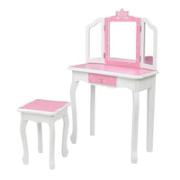 Children's Wooden Dressing Table Three-Sided Folding Mirror Dressing Table Chair Single Drawer Blue Snowflake Style