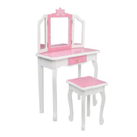 Children's Wooden Dressing Table Three-Sided Folding Mirror Dressing Table Chair Single Drawer Blue Snowflake Style