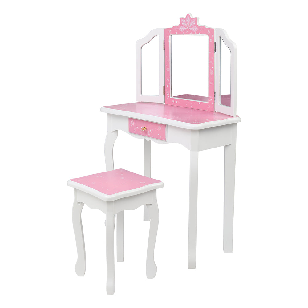 Children's Wooden Dressing Table Three-Sided Folding Mirror Dressing Table Chair Single Drawer Blue Snowflake Style