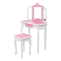 Children's Wooden Dressing Table Three-Sided Folding Mirror Dressing Table Chair Single Drawer Blue Snowflake Style