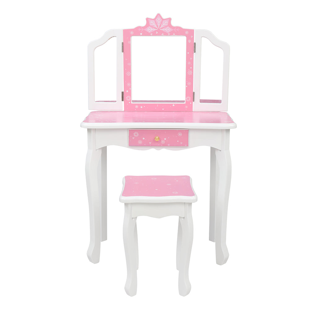 Children's Wooden Dressing Table Three-Sided Folding Mirror Dressing Table Chair Single Drawer Blue Snowflake Style