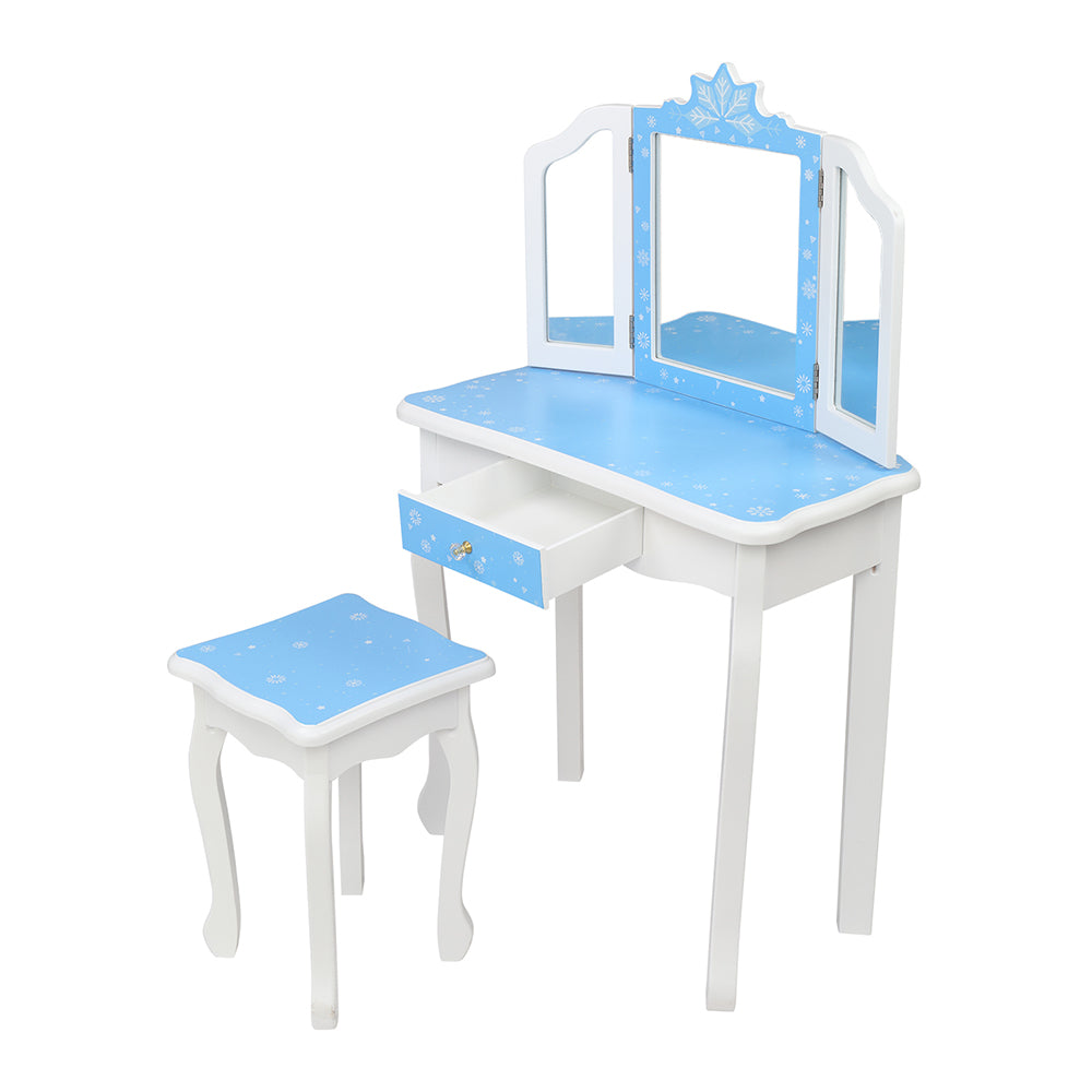 Children's Wooden Dressing Table Three-Sided Folding Mirror Dressing Table Chair Single Drawer Blue Snowflake Style