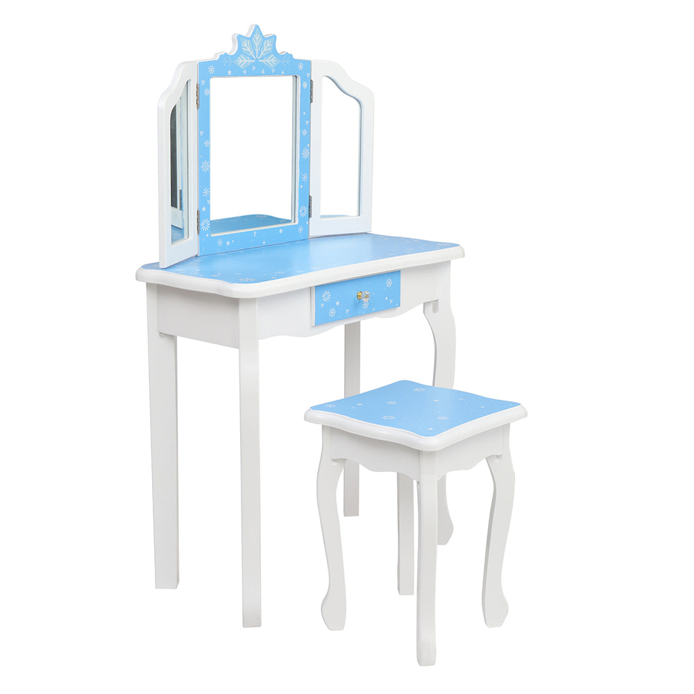 Children's Wooden Dressing Table Three-Sided Folding Mirror Dressing Table Chair Single Drawer Blue Snowflake Style