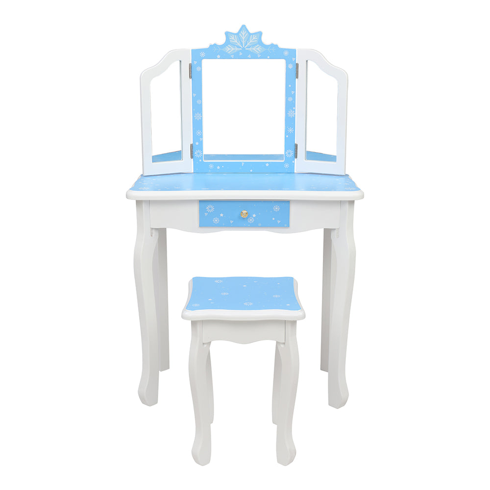 Children's Wooden Dressing Table Three-Sided Folding Mirror Dressing Table Chair Single Drawer Blue Snowflake Style