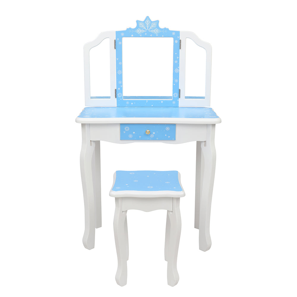 Children's Wooden Dressing Table Three-Sided Folding Mirror Dressing Table Chair Single Drawer Blue Snowflake Style