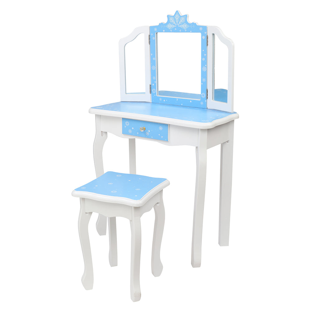 Children's Wooden Dressing Table Three-Sided Folding Mirror Dressing Table Chair Single Drawer Blue Snowflake Style