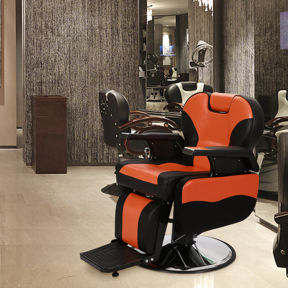 PVC Leather Cover, Wooden Armrest Shell, Iron Footrest, Disc With Footrest, Can Be Put Down 150kg, Barber Chair Orange