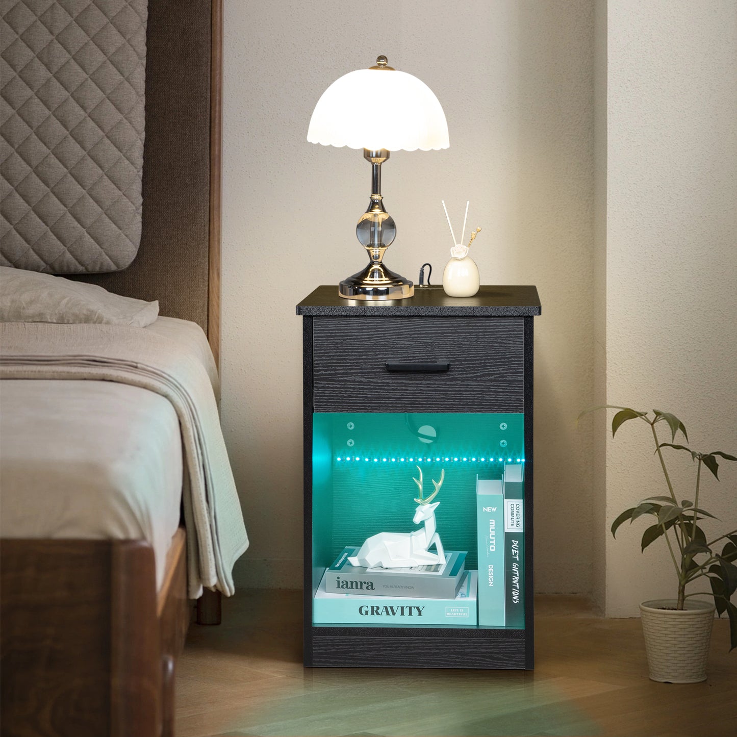 FCH 40*35*60cm Particleboard Pasted Triamine Single Drawer With Socket With LED Light Bedside Table Black