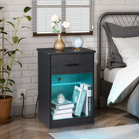 FCH 40*35*60cm Particleboard Pasted Triamine Single Drawer With Socket With LED Light Bedside Table Black