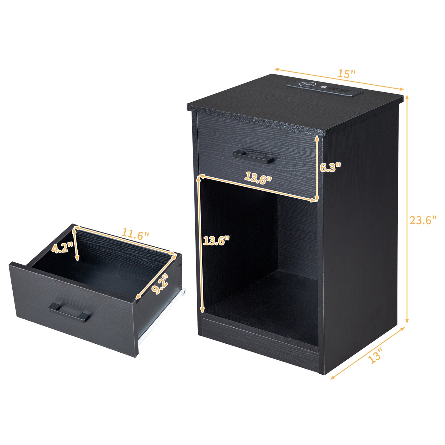 FCH 40*35*60cm Particleboard Pasted Triamine Single Drawer With Socket With LED Light Bedside Table Black