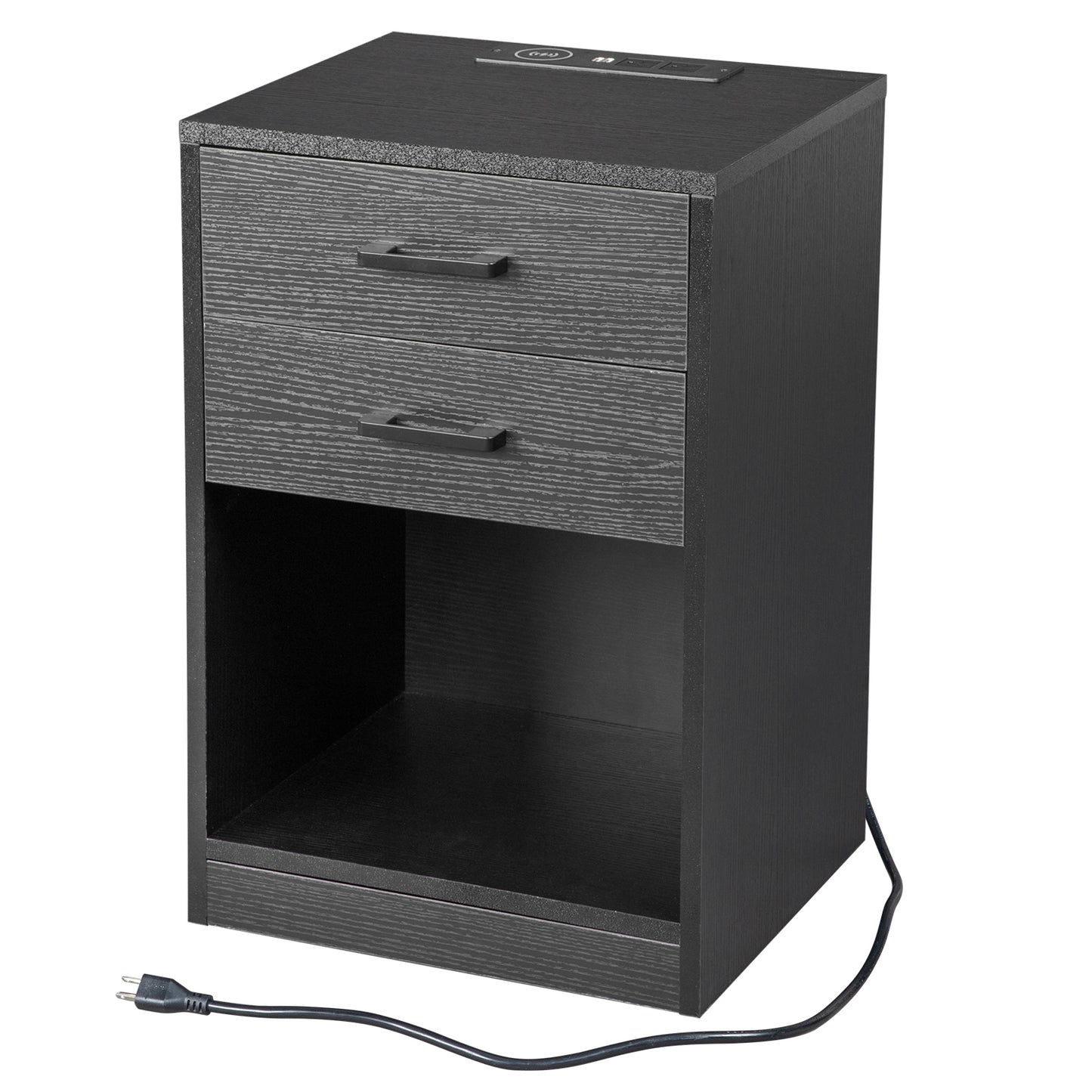 FCH 40*35*60cm Particleboard Pasted Triamine Two Drawers With Socket With LED Light Bedside Table Black