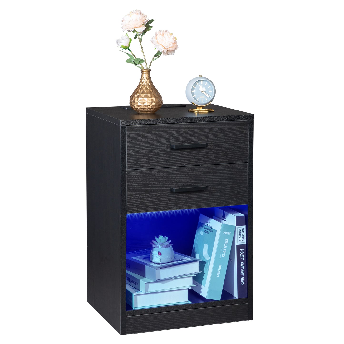 FCH 40*35*60cm Particleboard Pasted Triamine Two Drawers With Socket With LED Light Bedside Table Black